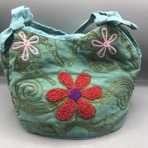 VTG RETRO HIPPIE Cloth Intricate Handstitched Purse Green Aqua Flowers Zipper